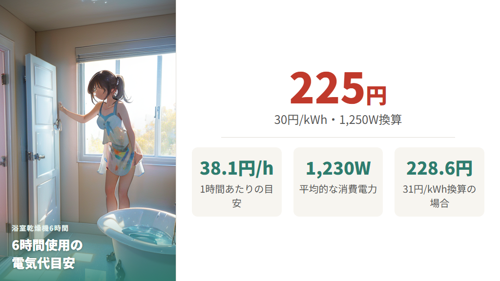 浴室乾燥機を6時間使ったときの電気代の計算方法