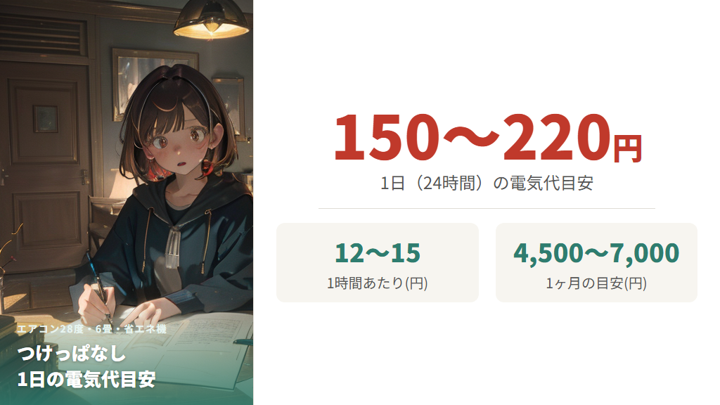 28度設定でつけっぱなしにした場合の1時間・1日・1ヶ月の電気代