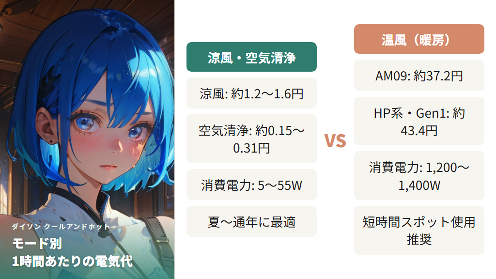 涼風・温風・空気清浄モード別の消費電力と電気代の目安