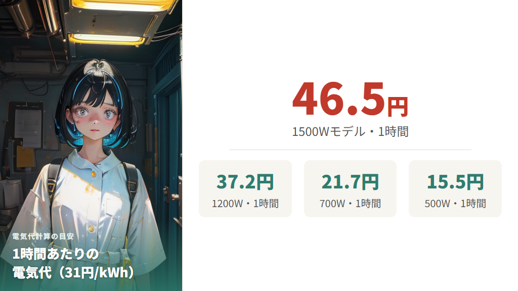 消費電力別・1時間あたりの電気代(500W・700W・1200W・1500W)