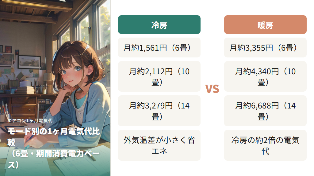 冷房・暖房・除湿モード別の1ヶ月電気代を比較