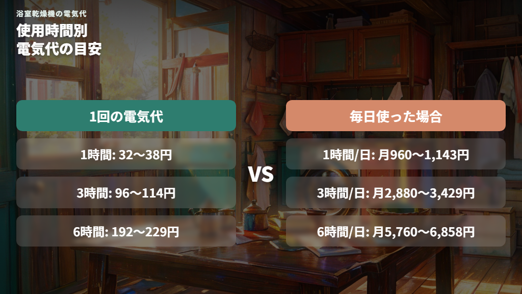 使用時間別の電気代と1ヶ月・年間コストの一覧