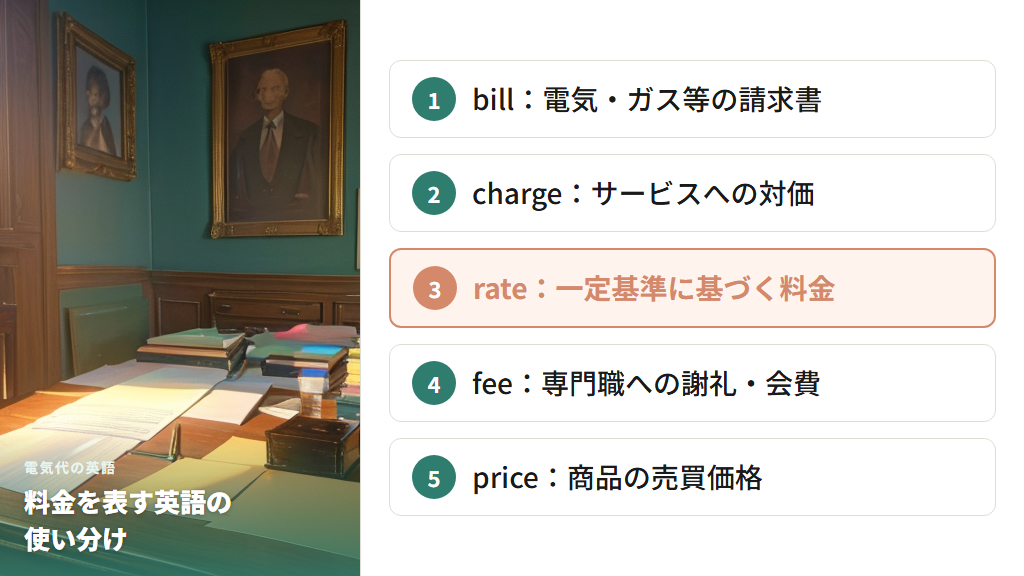 charge・rate・feeで表す電気料金のフォーマルな英語