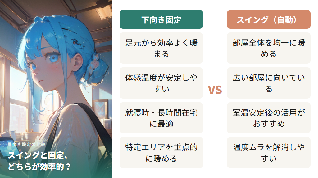 暖房時の「スイング」と「固定」どちらが効率的かを考える