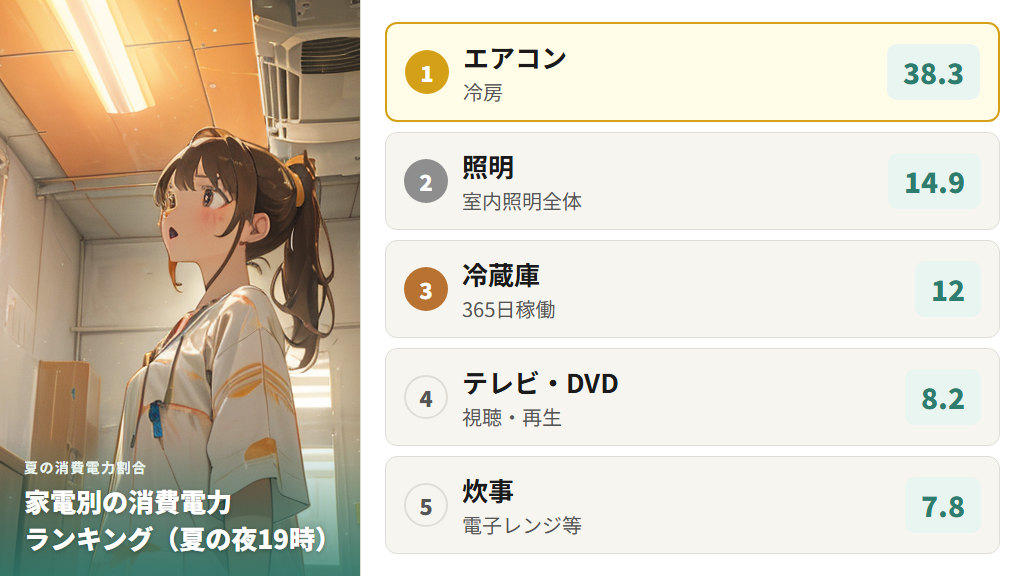 夏に電気代が上がる主な原因とエアコンの消費電力割合
