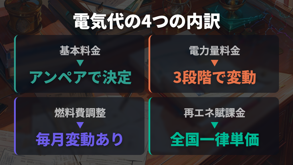 電気代の内訳：基本料金・電力量料金・燃料費調整額・再エネ賦課金