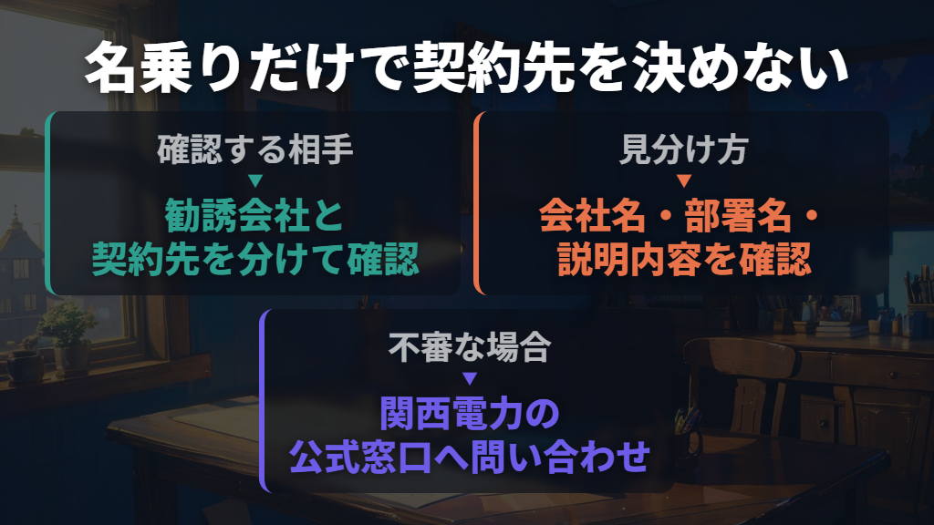 「関西電力です」という名乗りだけで契約先を判断しない