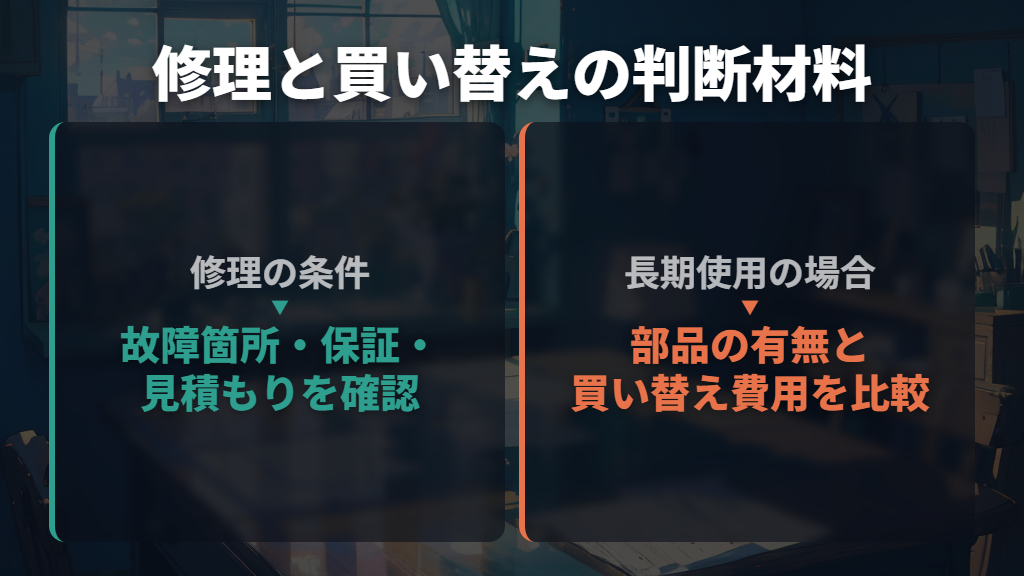 修理費用は故障箇所と保証条件で確認し、長期使用なら買い替えも比較する