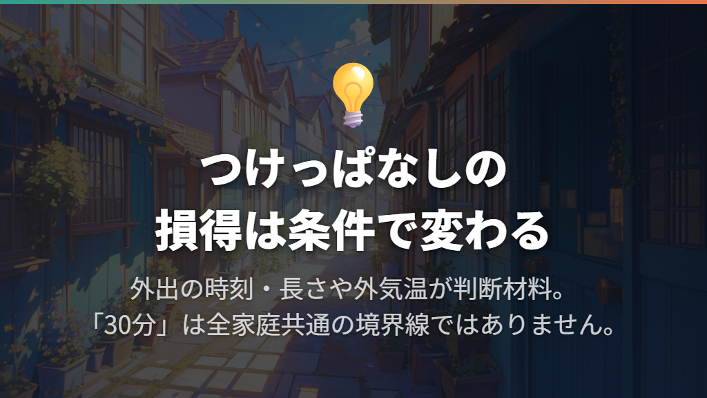 つけっぱなしは一律に得ではなく、外出時間と条件で変わる