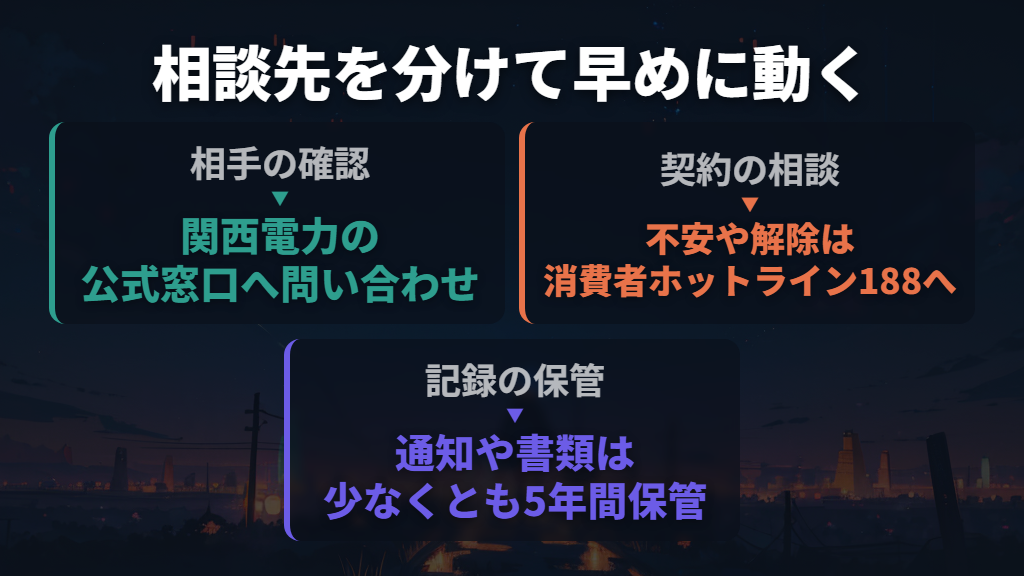 相手の確認は関西電力へ、契約の相談は188へ